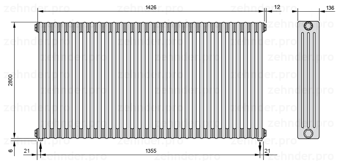 Схема (чертеж) Радиатор Zehnder Charleston 4280/31 №5310 Белый глянцевый RAL 9016